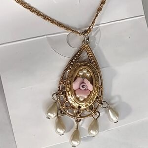 French Victorian Porcelain Flower Pendant Necklace